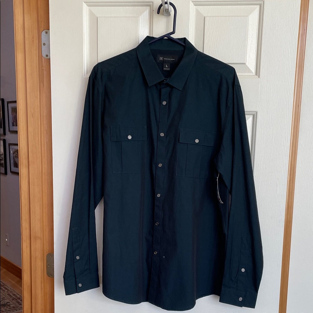 Men's INC Long Sleeve Snap-Up Shirt in Dark Teal. Sz L
